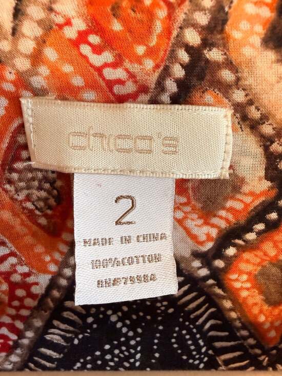 Chico's Size 2 Orange Geometric Aztec Print 100% Cotton 3/4 Sleeve Button Front - Picture 2 of 3